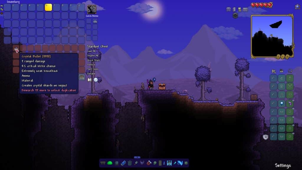The player using the Crystal Bullet in Terraria.