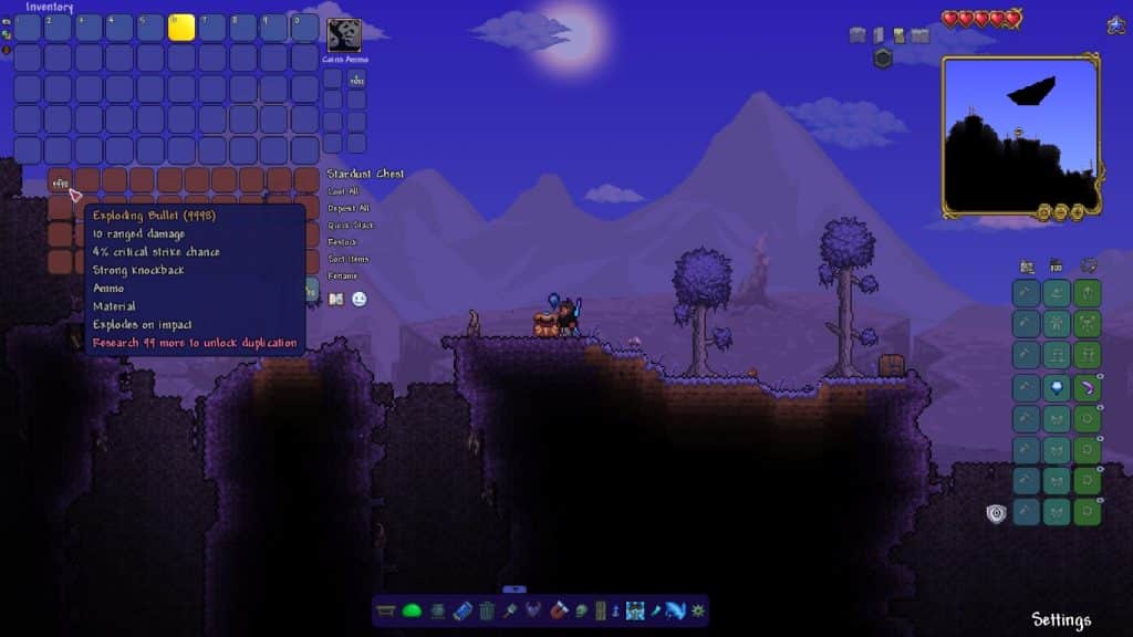 The player interacting with the Exploding Bullet in Terraria.