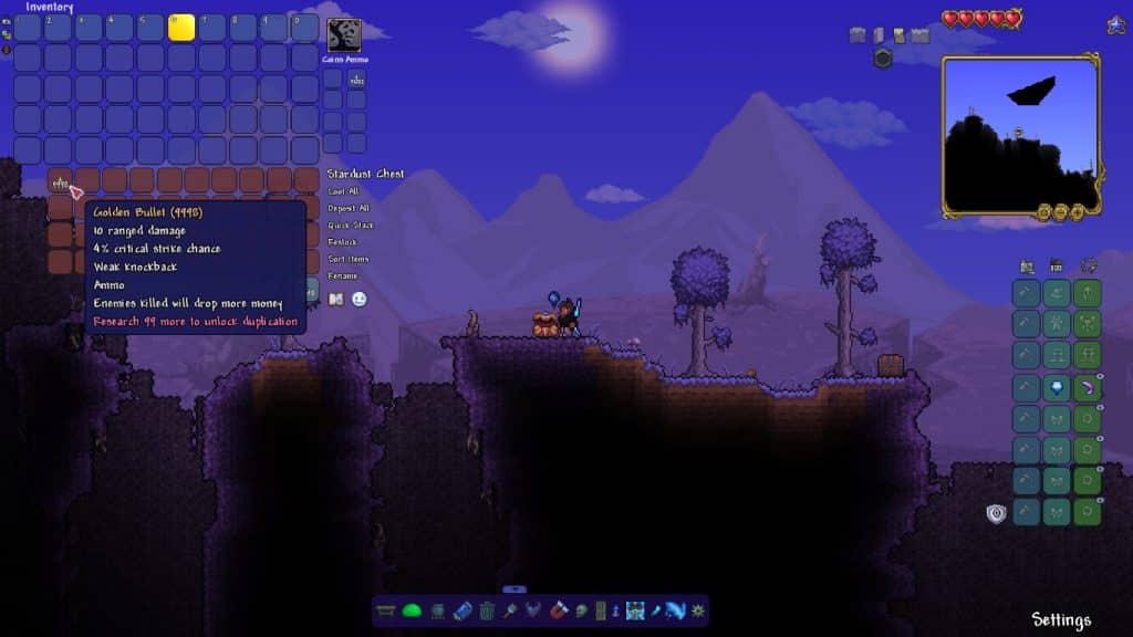 The player interacting with the Golden Bullet in Terraria.