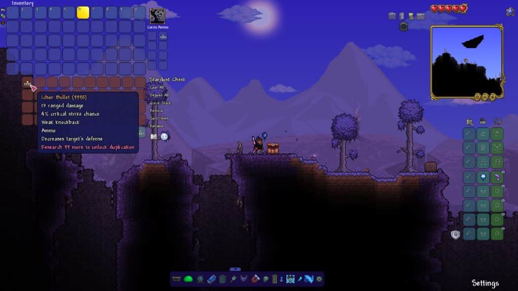 The player using the Ichor Bullet in Terraria.