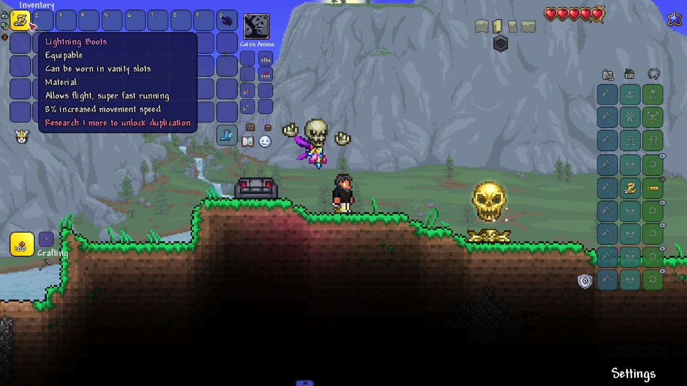 The player wearing a Lightning Boots in Terraria.