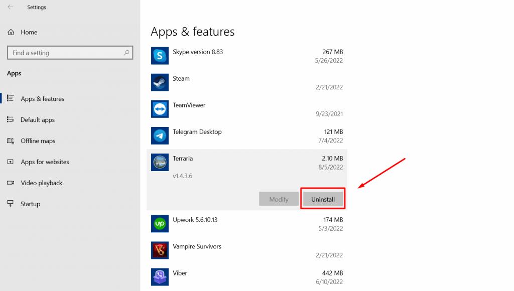 Uninstall Terraria via Apps & Features