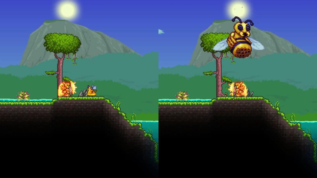 The player holding the Abeemination and combating the Queen Bee in Terraria.