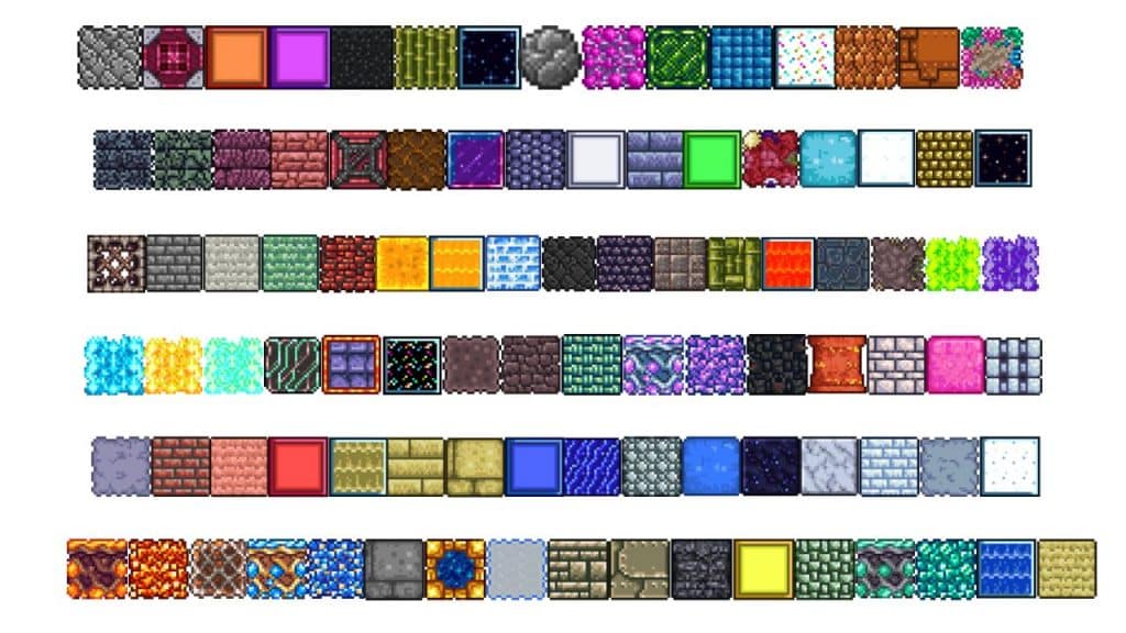 Different Crafted Blocks in Terraria