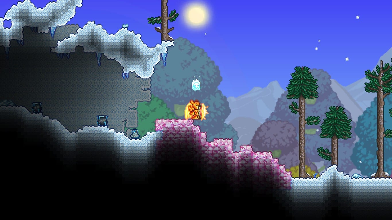 The player interacting with Pink Ice in Terraria