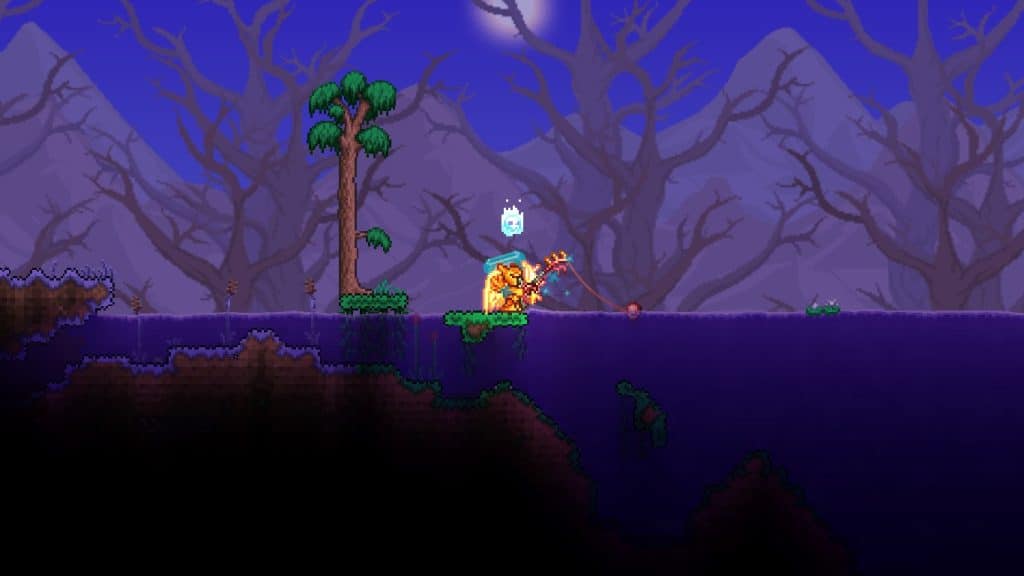 The player using the Chum Caster to fish in Terraria.