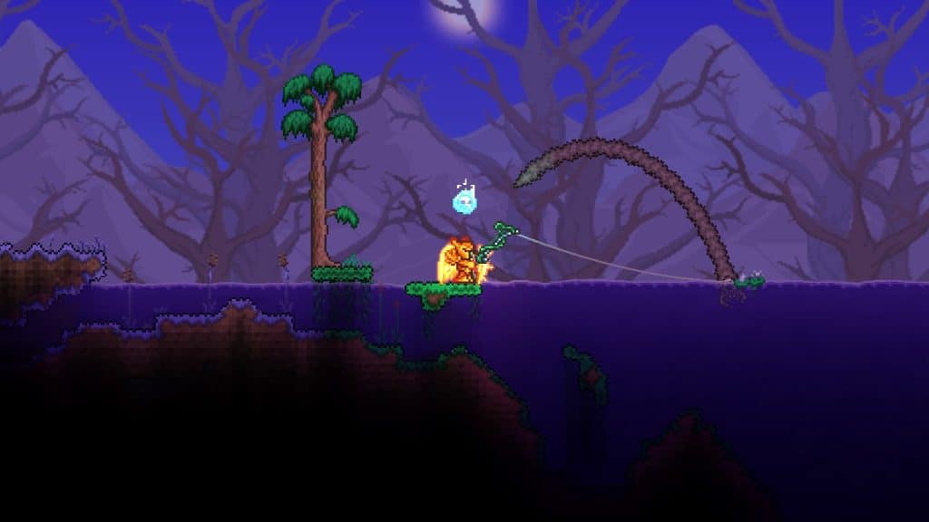 The player using the Fiberglass Fishing Pole to fish in Terraria.
