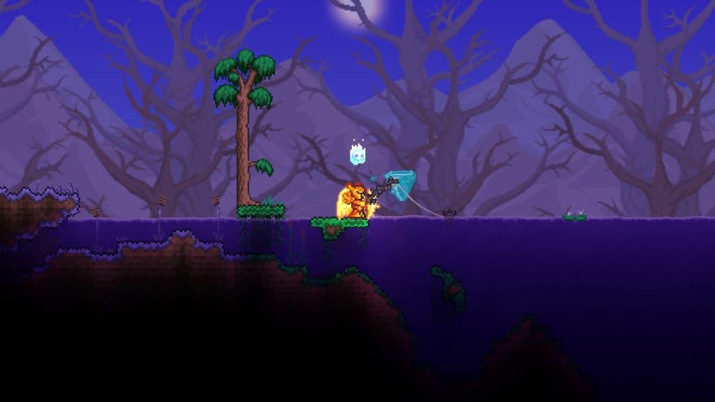 The player using the Fisher of Souls to fish in Terraria.
