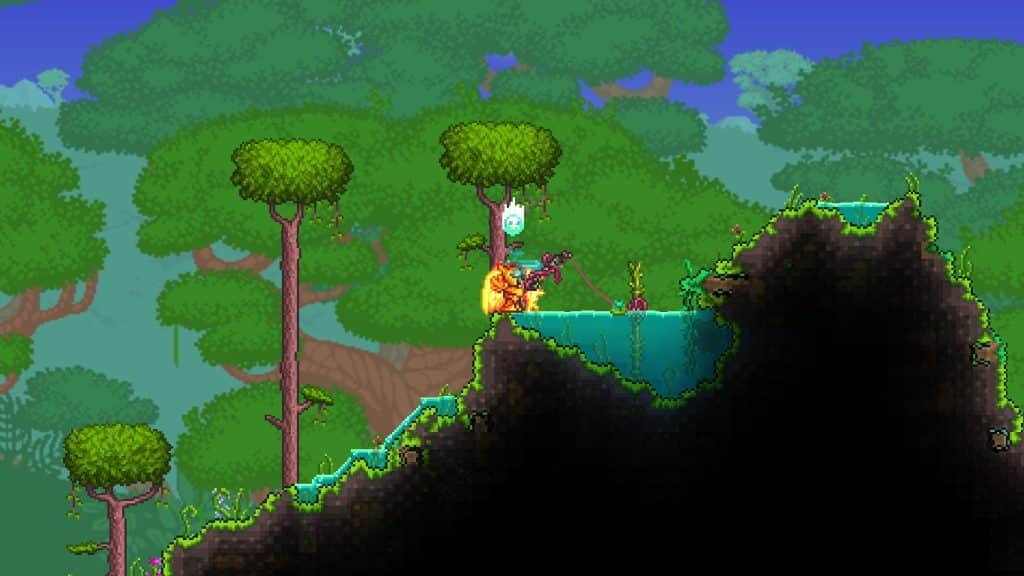 The player using the Fleshcatcher to fish in Terraria.