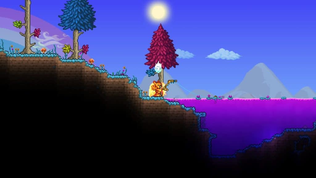 The player using the Golden Fishing Rod to fish in Terraria (best fishing pole).