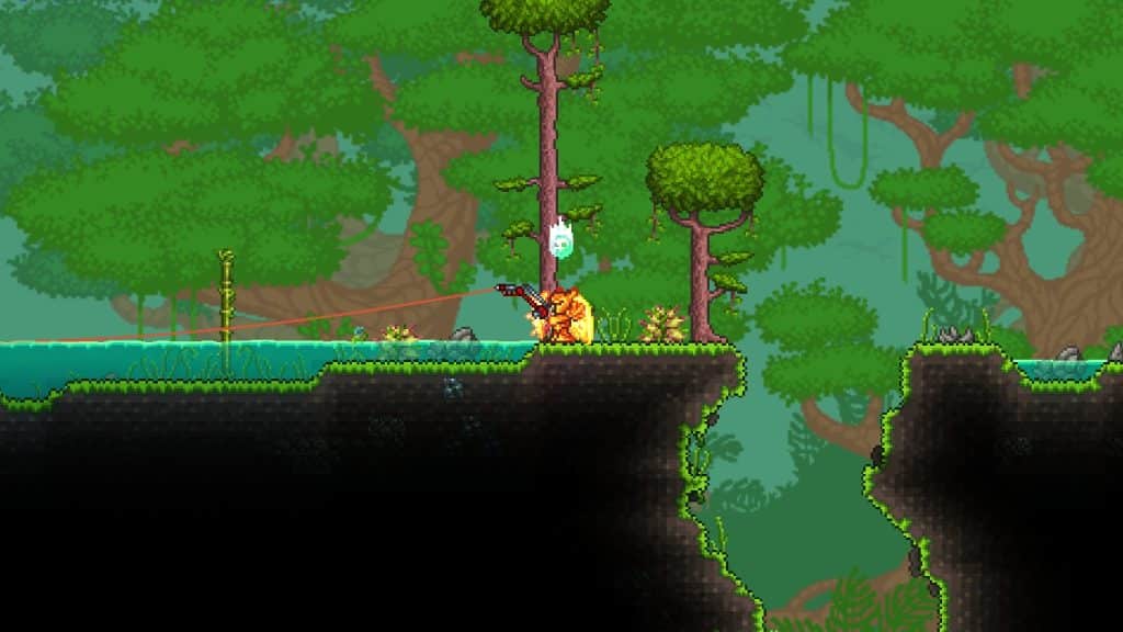The player using the Mechanic's Rod to fish in Terraria (best fishing pole).