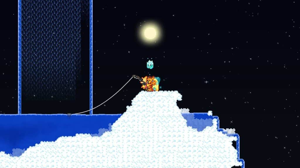 The player using the Reinforced Fishing Pole to fish in Terraria.