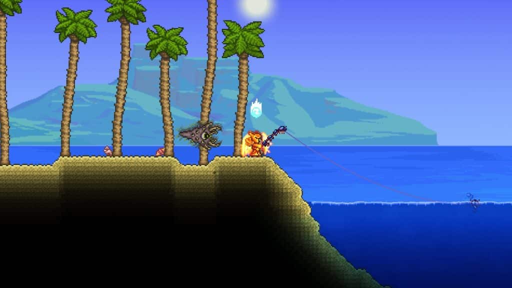 The player using the Scarab Fishing Rod to fish in Terraria (best fishing pole).
