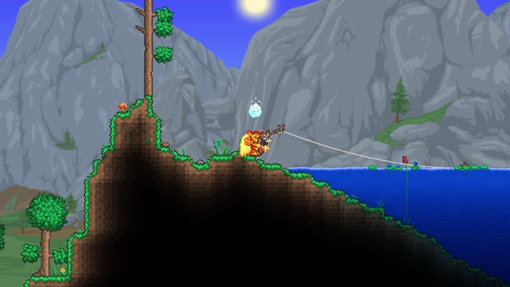 The player using the Sitting Duck's Pole to fish in Terraria (best fishing pole).