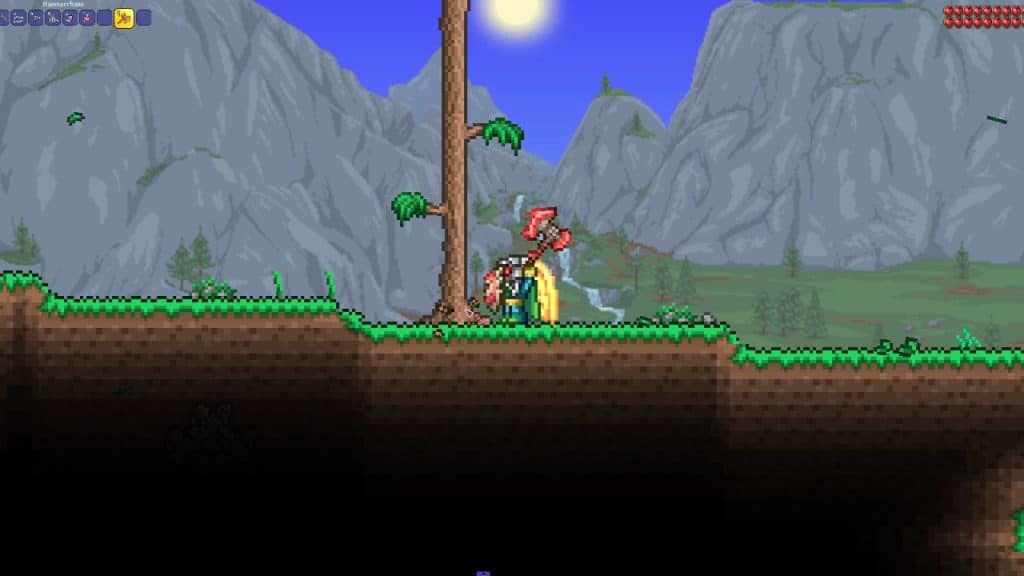 The player using the Haemorrhaxe to chop wood in Terraria.