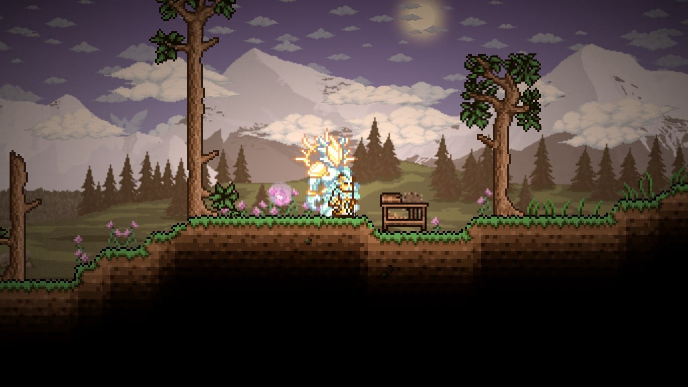 The player interacting with the Sawmill in Terraria