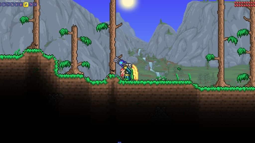 The  player using the Shroomite Digging Claw in Terraria. 