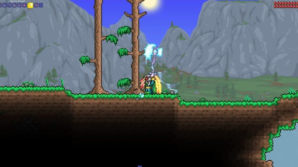 The player using the Spectre Hamaxe to chop wood in Terraria.