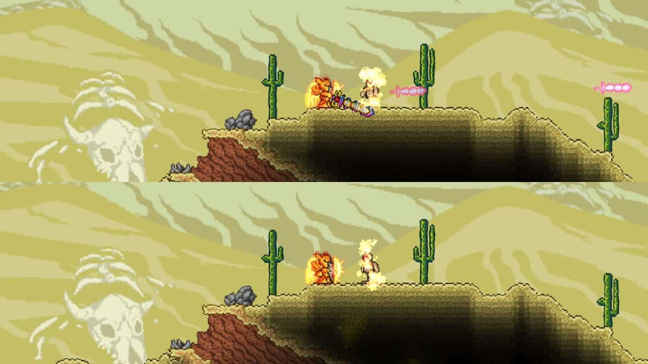 The player using the True Excalibur to a Target Dummy in Terraria.