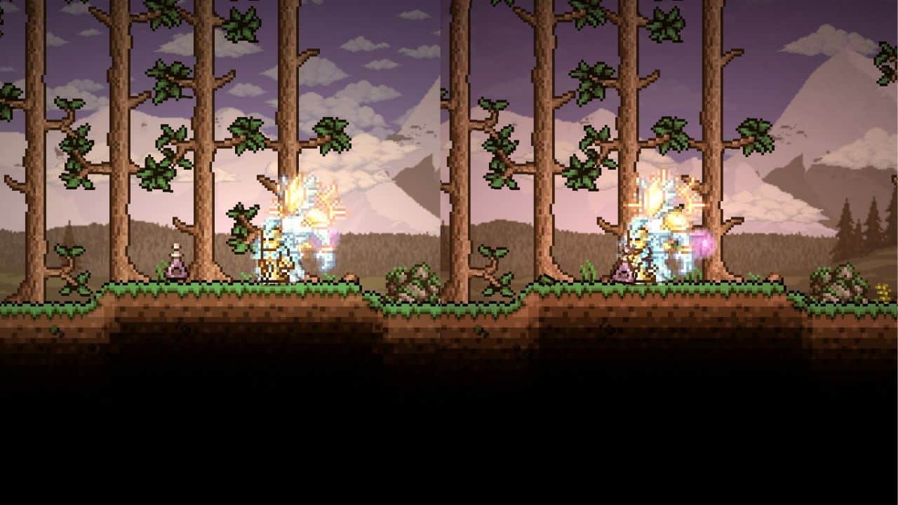 The player picking up and drinking the Battle Potion in Terraria.