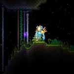 The player in Terraria Space with a regular Rope, Vine Rope, Web Rope, and Silk Rope.