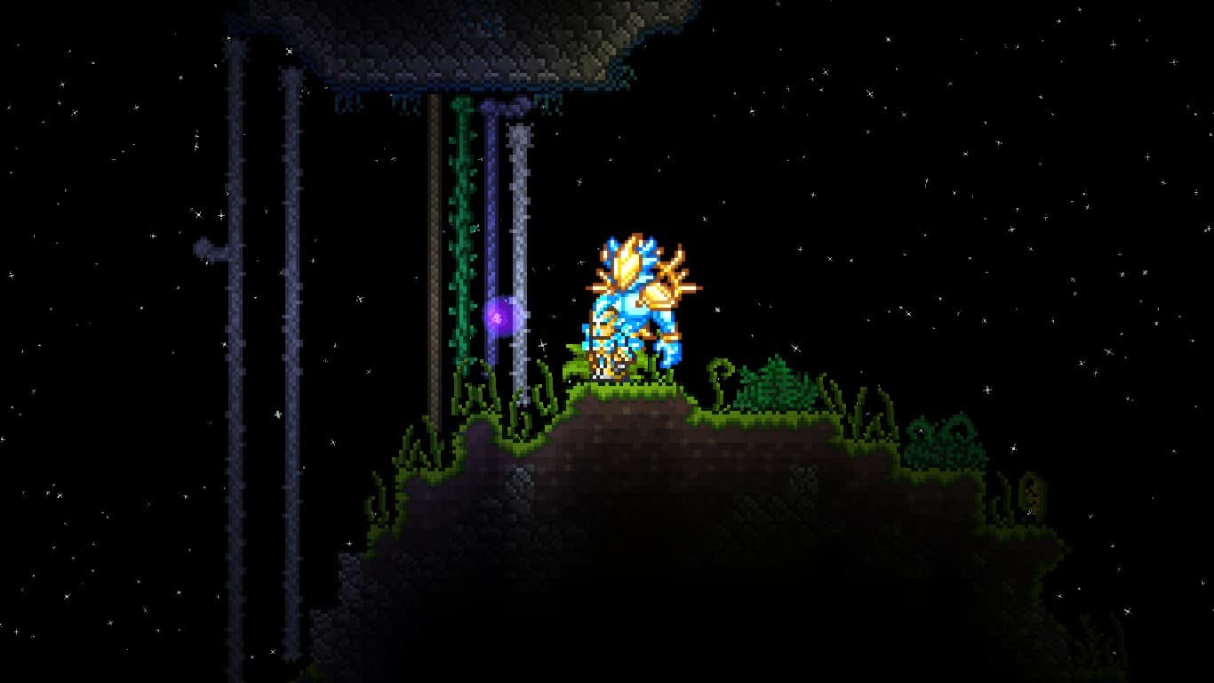 The player in Terraria Space with a regular Rope, Vine Rope, Web Rope, and Silk Rope.