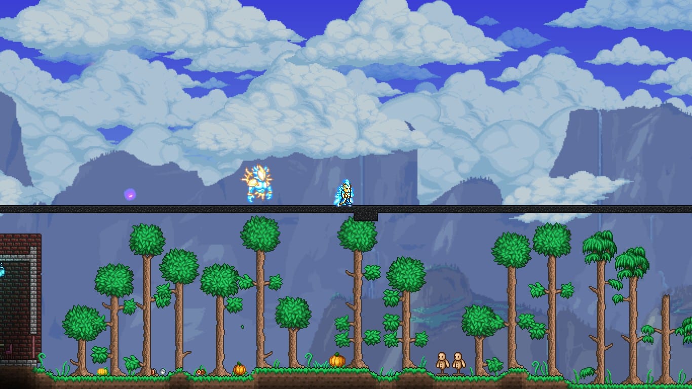 The player using the Asphalt Block in Terraria.