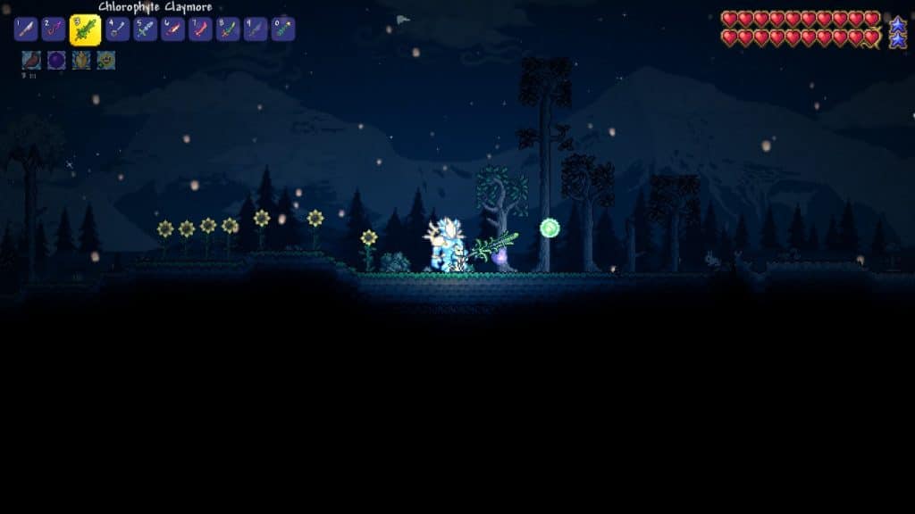 The player using the Chlorophyte Claymore in Terraria.