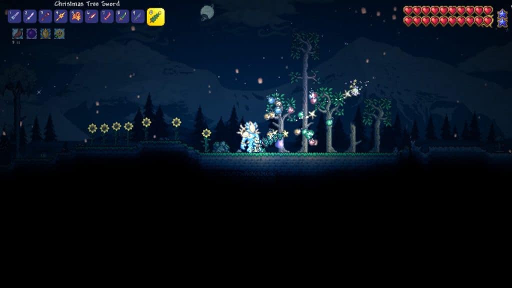 The player using the Christmas Tree Sword in Terraria.