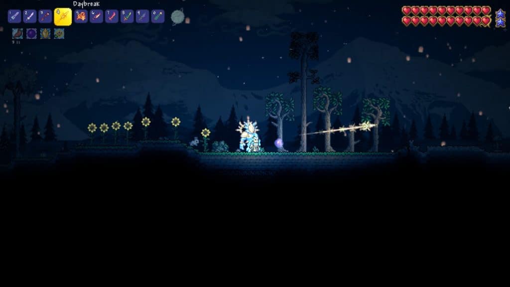 The player using the Daybreak in Terraria.