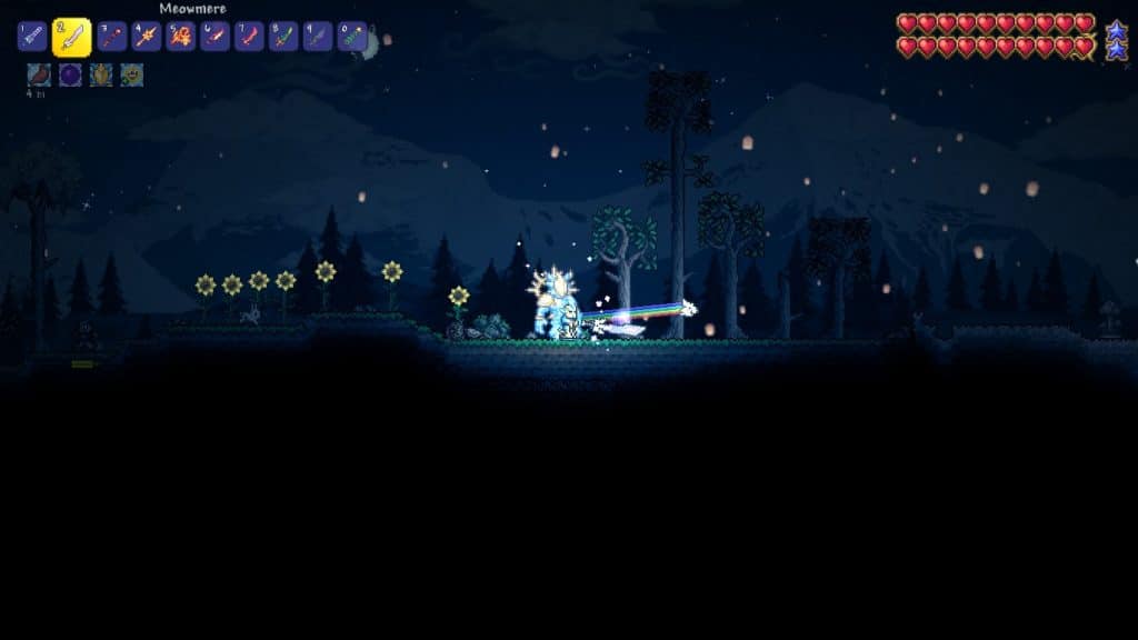 The player using the Meowmere in Terraria.