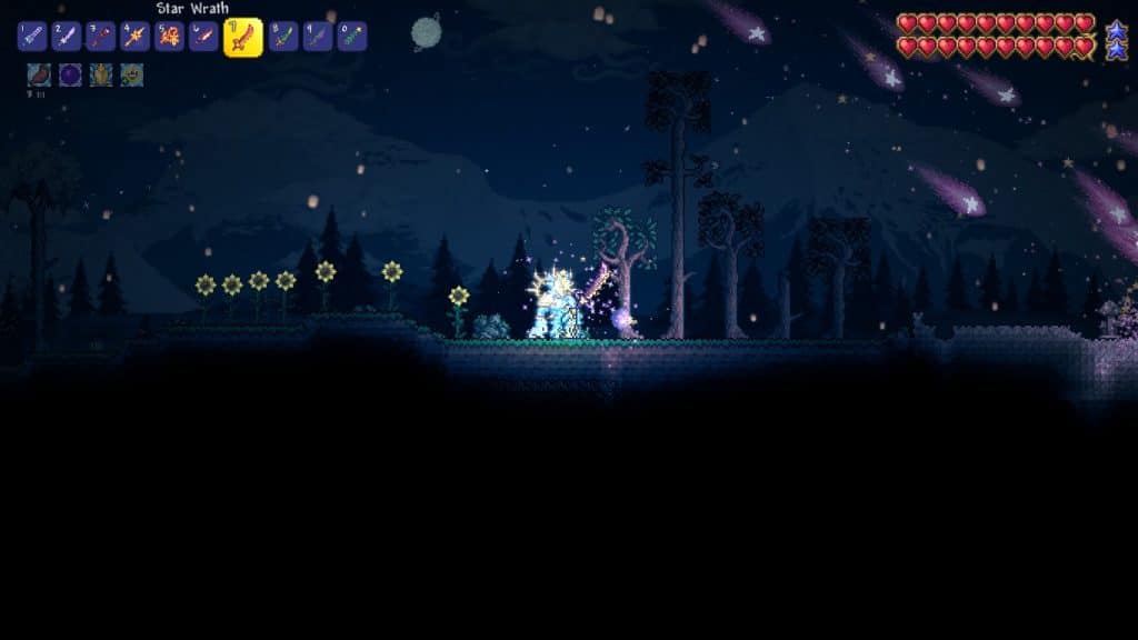 The player using the Star Wrath in Terraria.