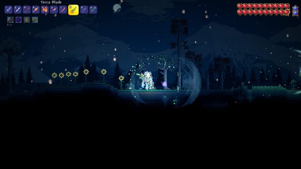 The player using the Terra Blade in Terraria.