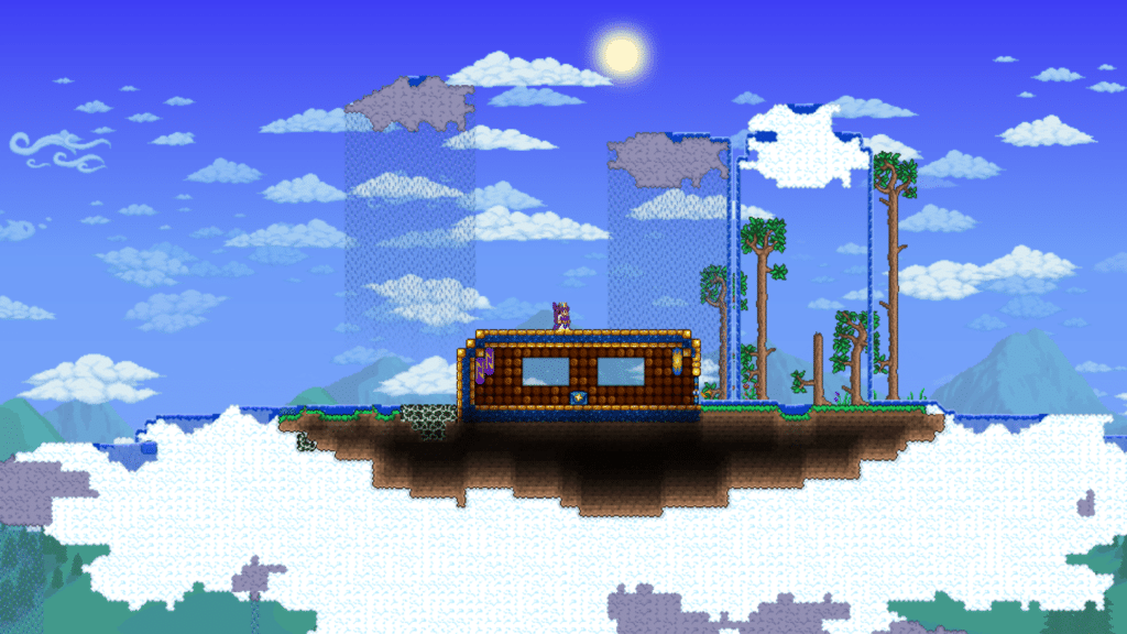 The player at a Floating Island in Terraria