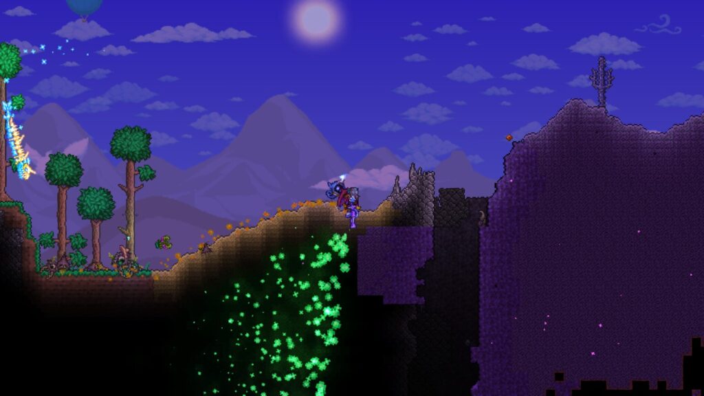 The player using the Terraformer and Green Solution in Terraria
