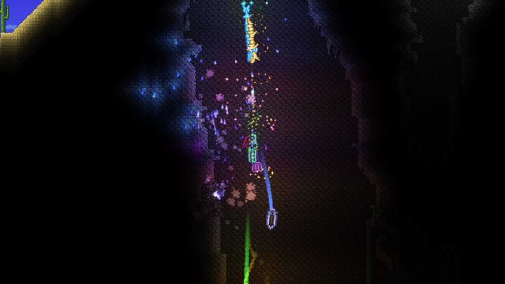 The player using Rocket Launchers in Terraria