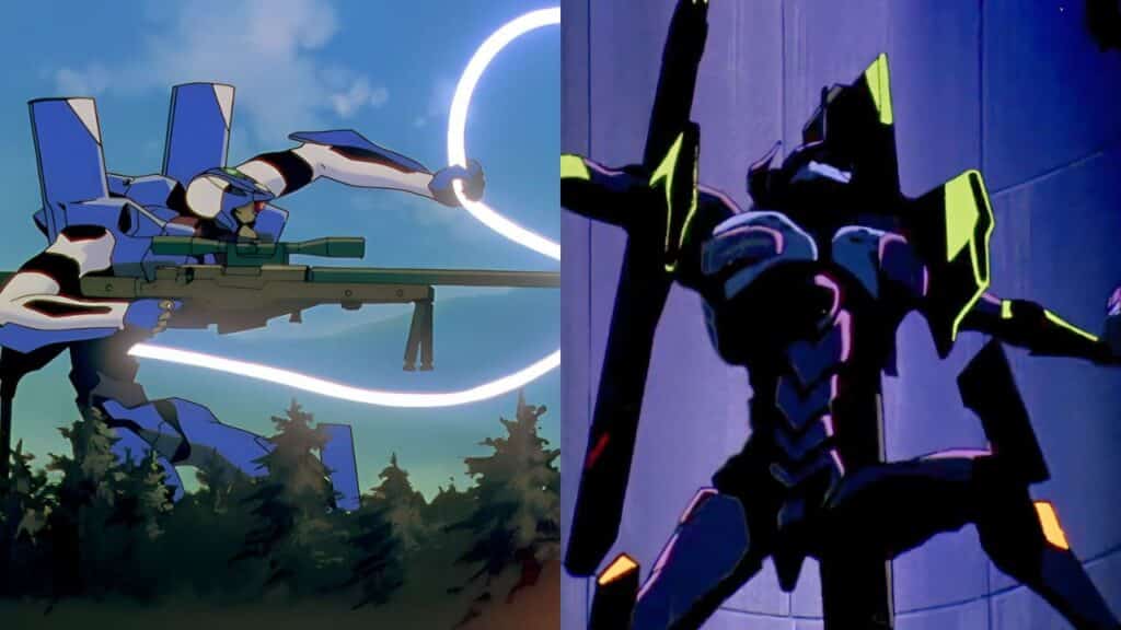 Angels and Evangelions clashing in Neon Genesis Evangelion (one of the best 90s anime).