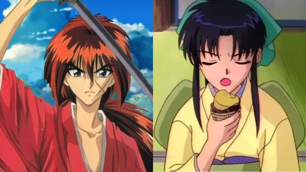 Kenshin Himura and Kamiya Kaoru in Rurouni Kenshin (one of the best 90s anime).