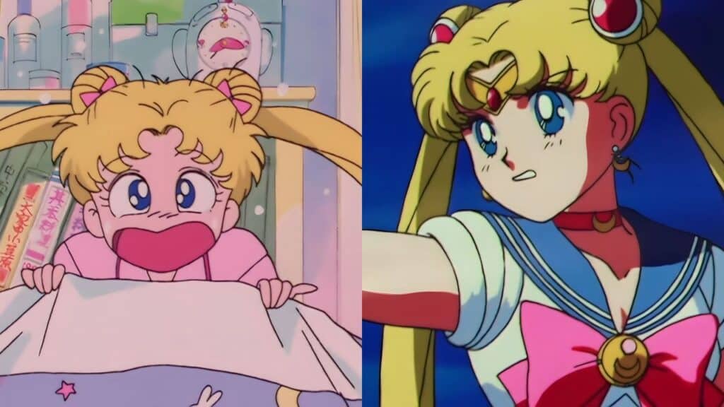 Usagi Tsukino waking up and using her abilities in Sailor Moon (one of the best 90s anime).