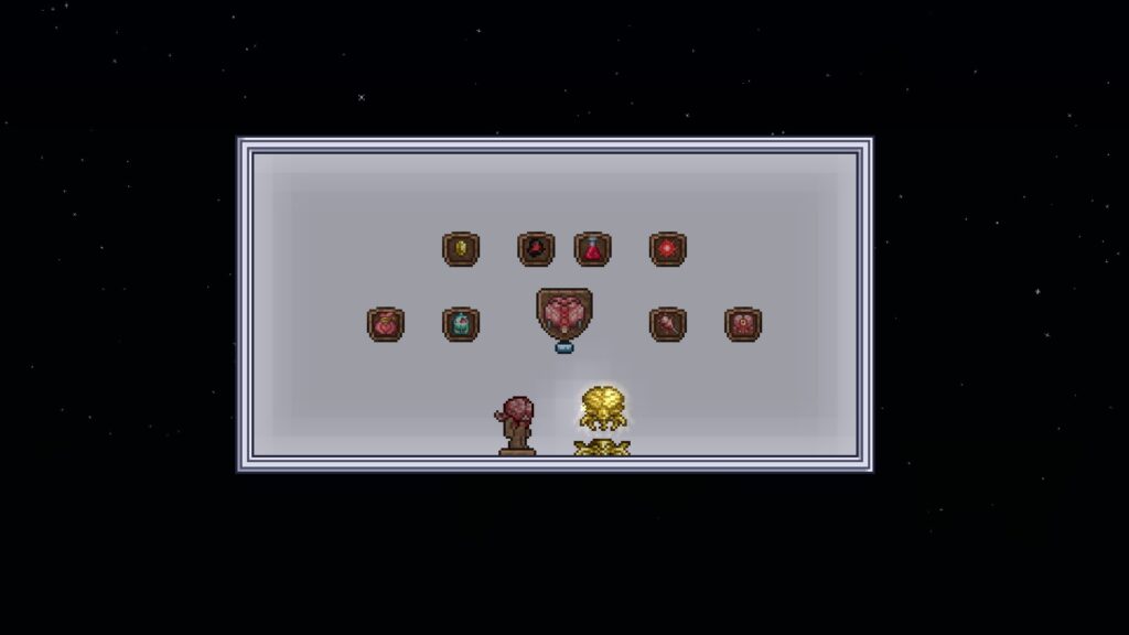Loots from defeating Brain of Cthulhu in Terraria.