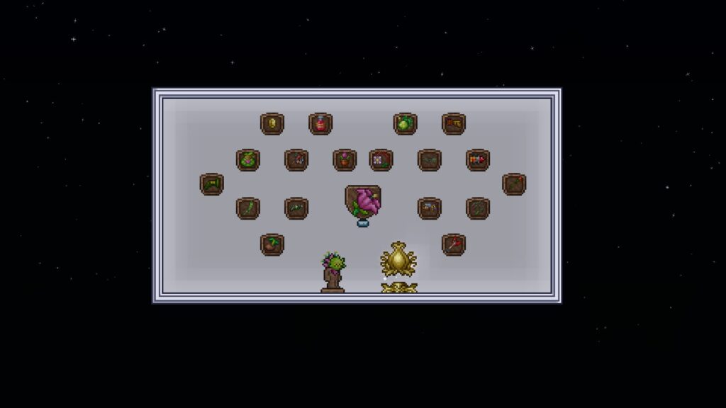 Loots from defeating Plantera in Terraria.