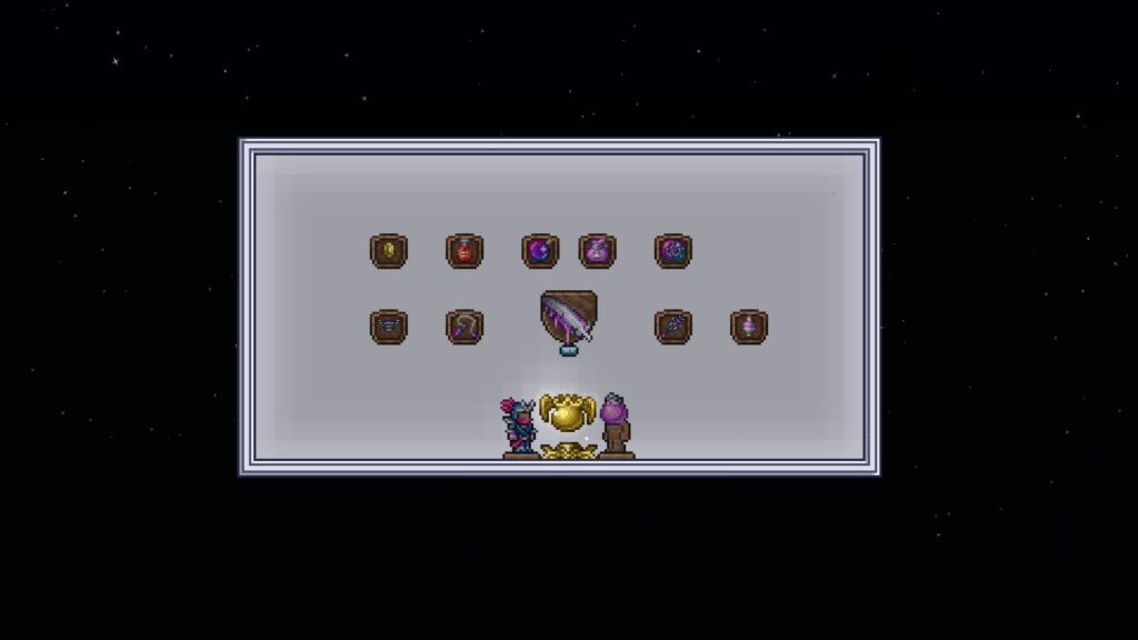 Loots from defeating Queen Slime in Terraria.