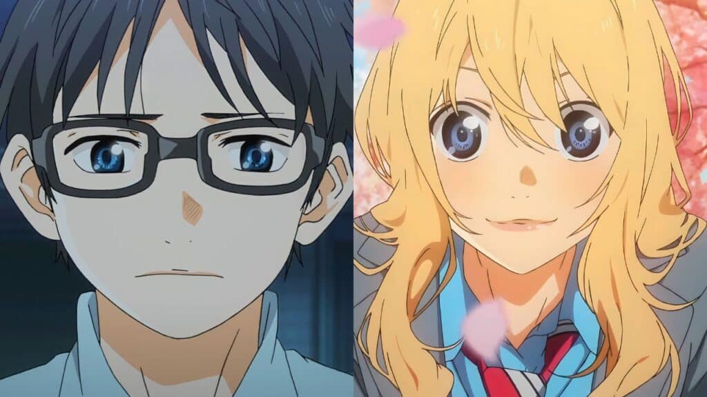 Kousei (frowning) and Kaori (smiling) in Your Lie in April.
