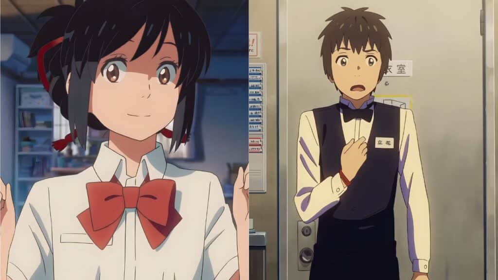 Taki and Mitsuha switching bodies in the sad anime, Your Name.